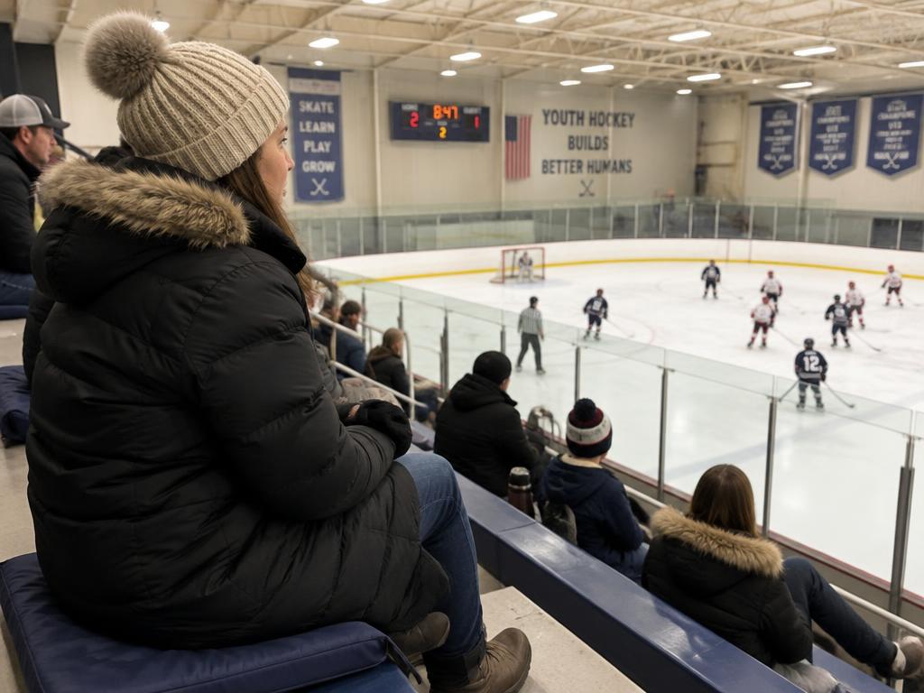 Hockey parent watching a youth game from a cushioned bleacher seat